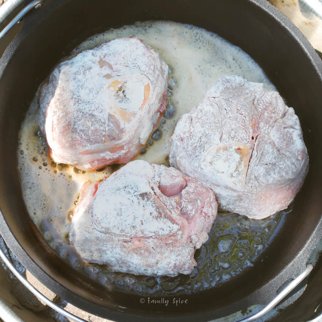 Veal shanks seasoned and floured and browning in hot oil in a cast iron dutch oven