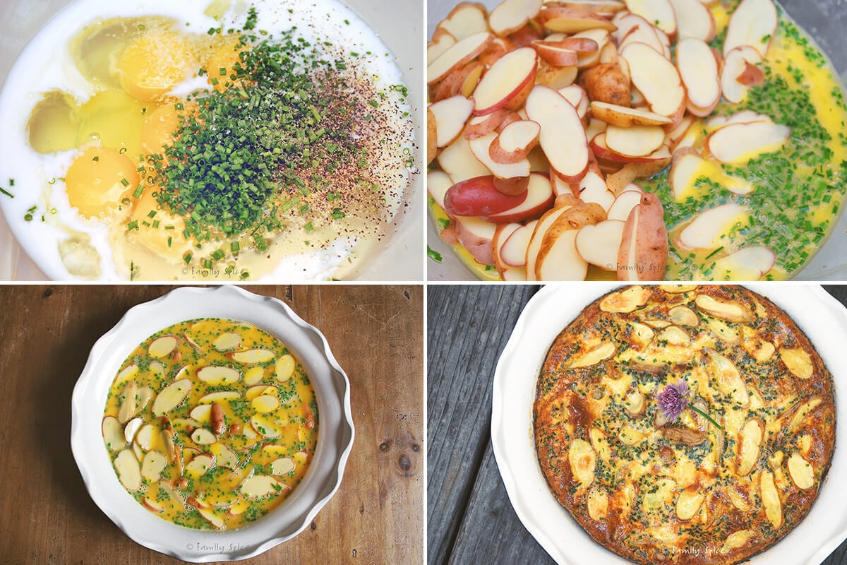 Collage of four images showing how to make potato kookoo.