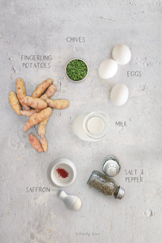 Ingredients labeled and needed to make fingerling potato kookoo