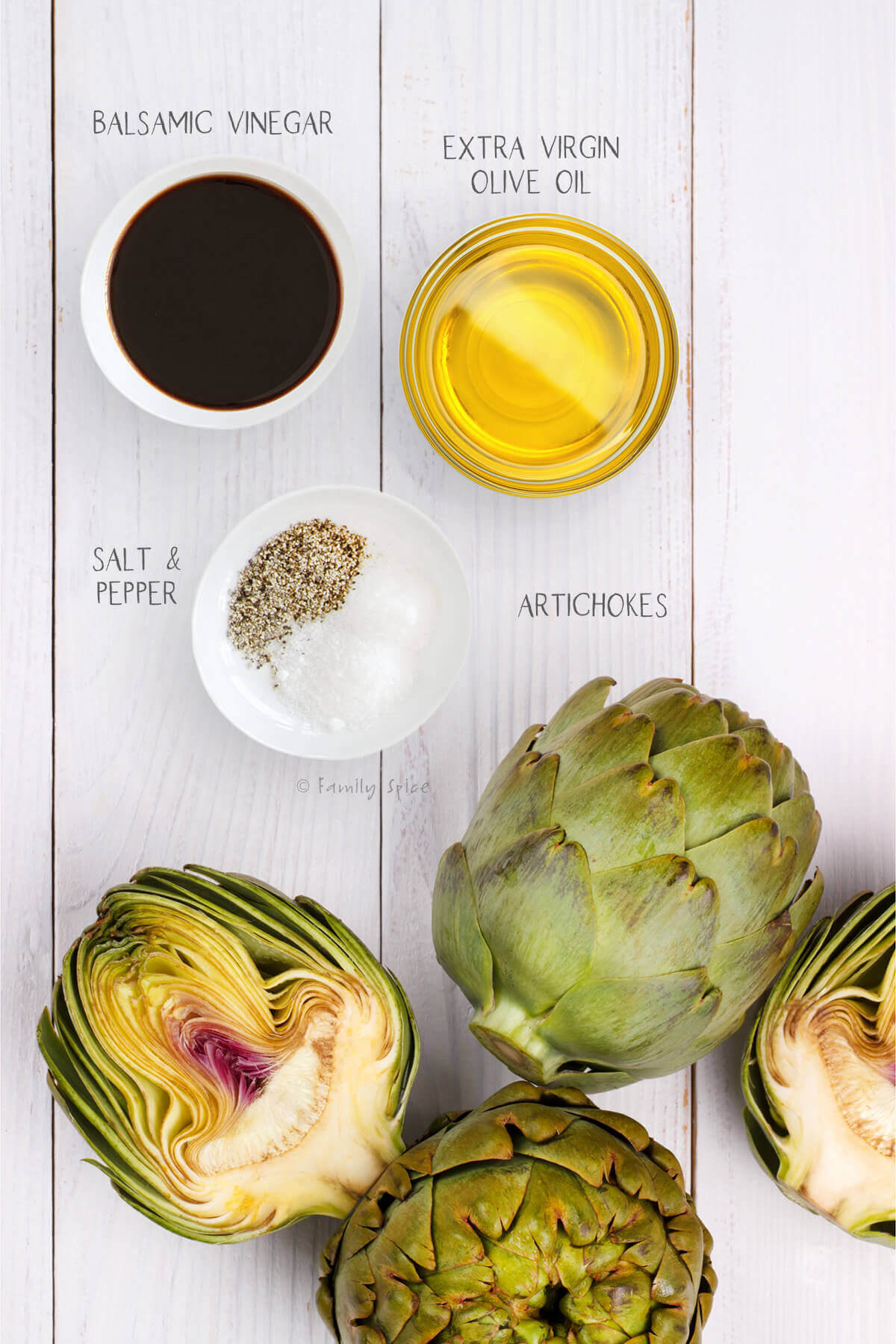 ingredients labeled and needed to make balsamic grilled artichokes