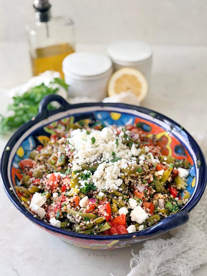 Closeup of a colorful bowl with cactus and quinoa salad with ingredients around it.