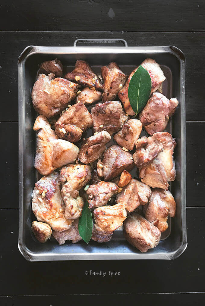 Seared chunks of pork shoulder ready to oven roast by FamilySpice.com