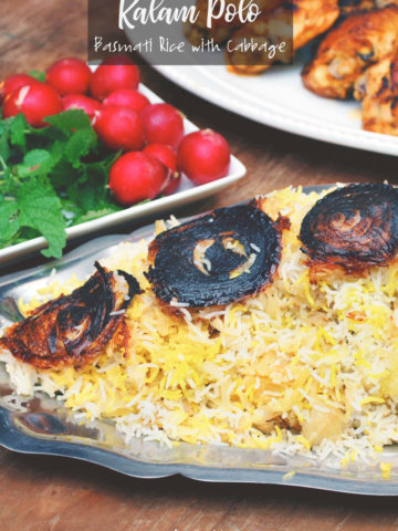 A platter of basmati rice with saffron, cabbage and fried onion crust by FamilySpice.com