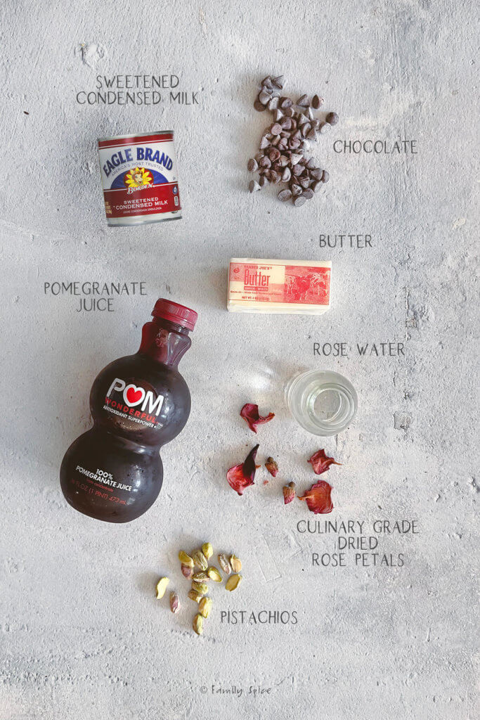 Ingredients labeled and needed to make pomegranate chocolate fudge