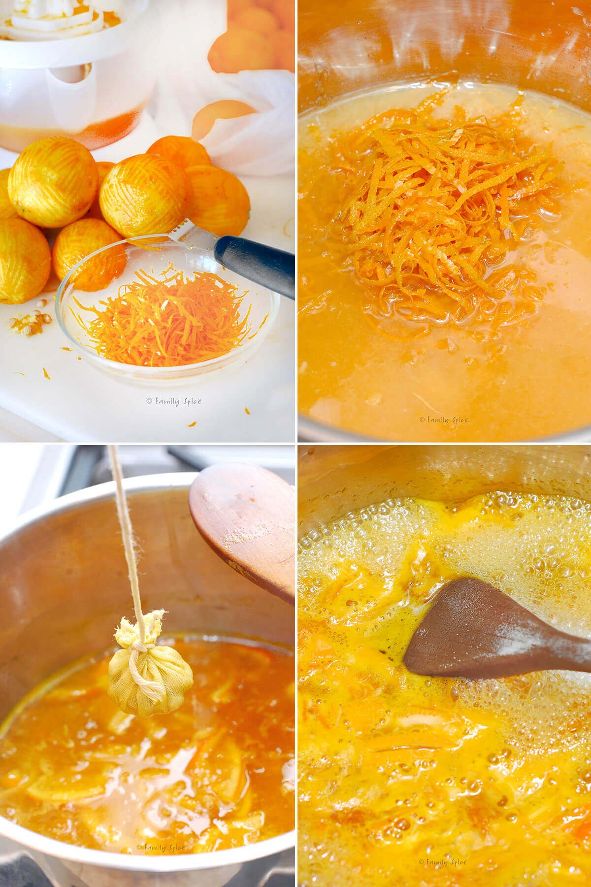 Collage of four pictures showing how to make orange marmalade.