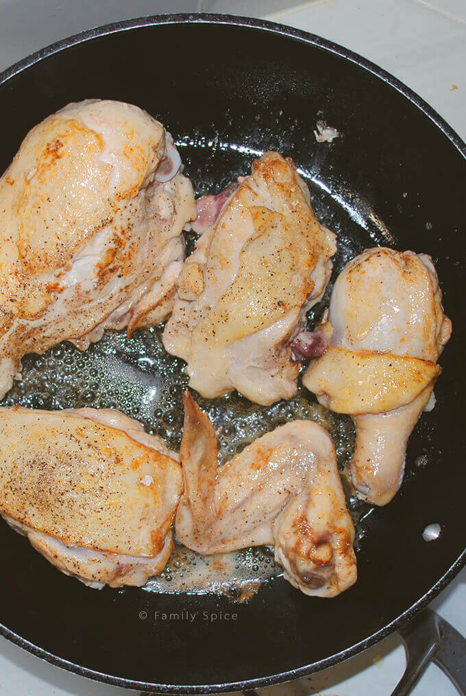 Browning chicken for Slow Cooker Chicken Fricassée by FamilySpice.com