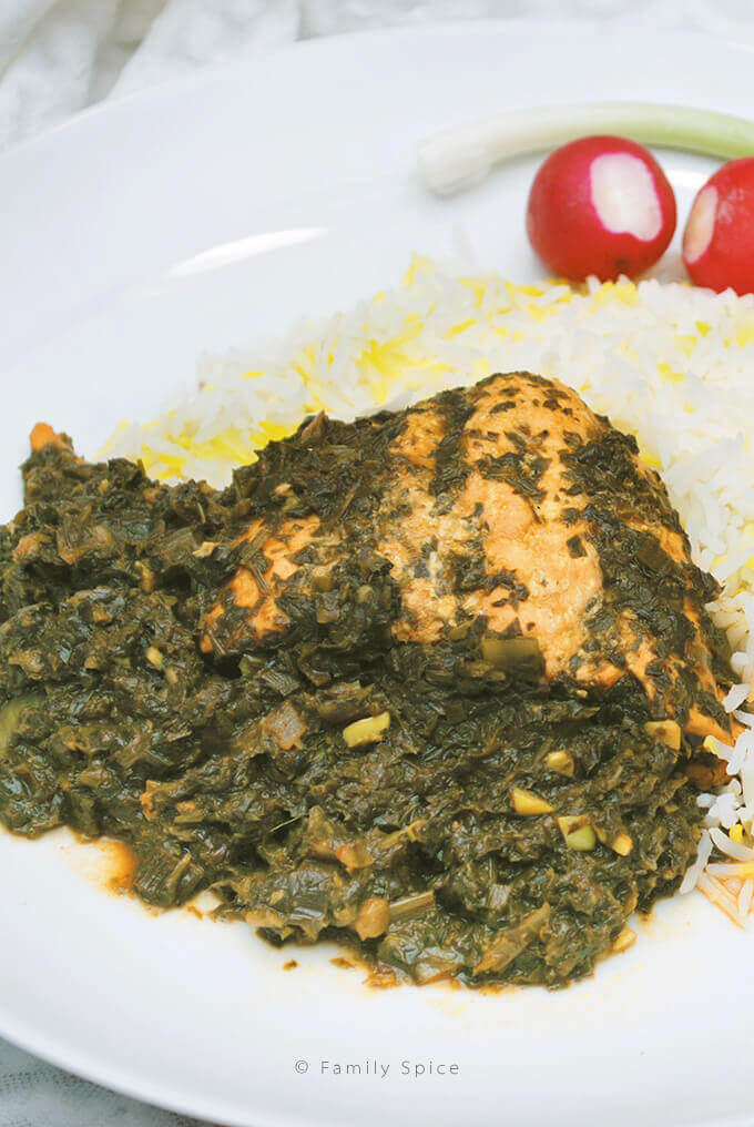 Closeup shot of Persian Salmon Stew with Cilantro and Tamarind (Ghalieh Mahi) by FamilySpice.com