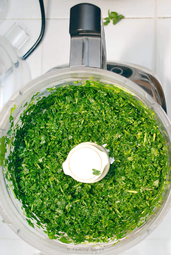 Fresh cilantro and parsley chopped in a food processor by FamilySpice.com