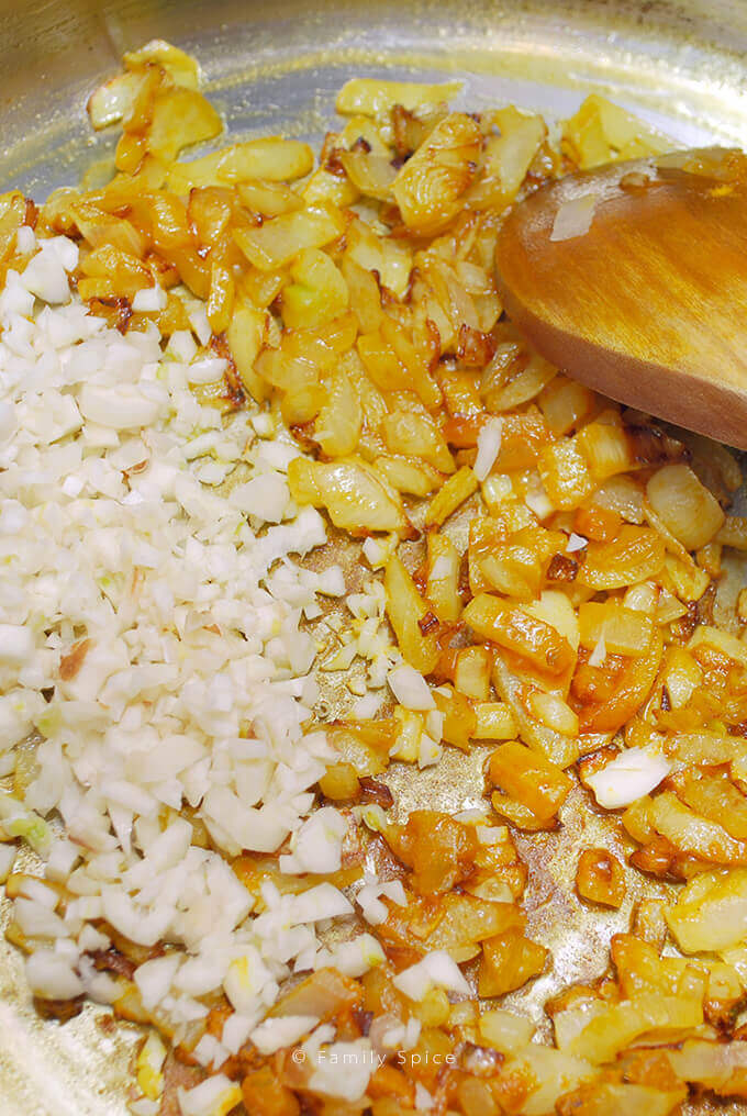 Minced garlic and sautéed onions for Ghalieh Mahi by FamilySpice.com