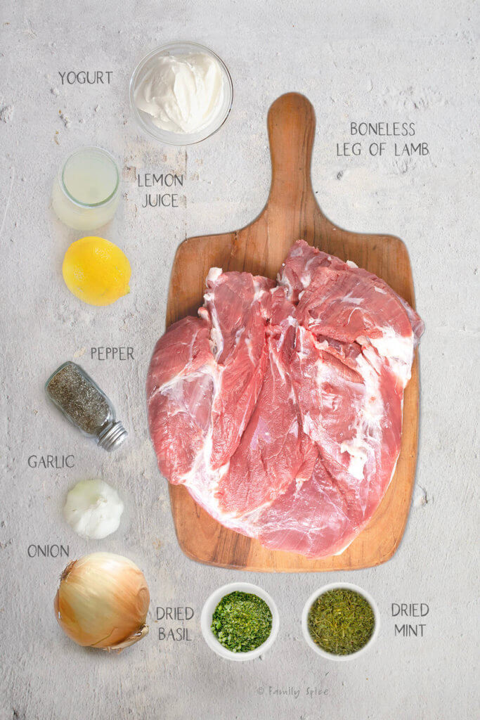 Ingredients labeled and needed to make yogurt marinated boneless leg of lamb