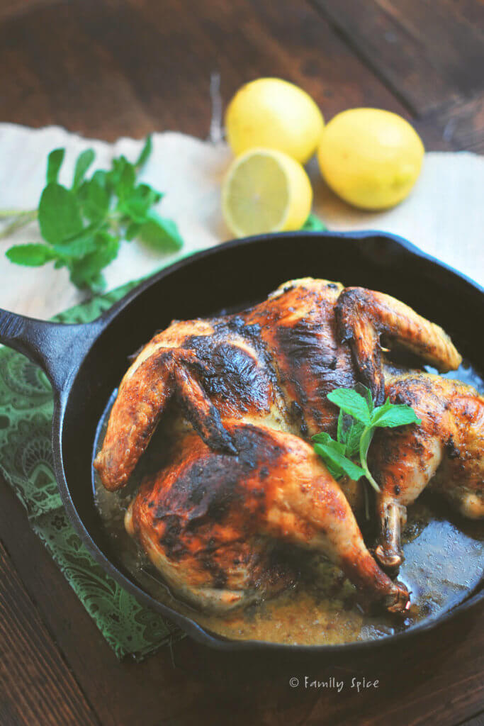 A cast iron pan with a roasted spatchcocked chicken, lemons and herbs