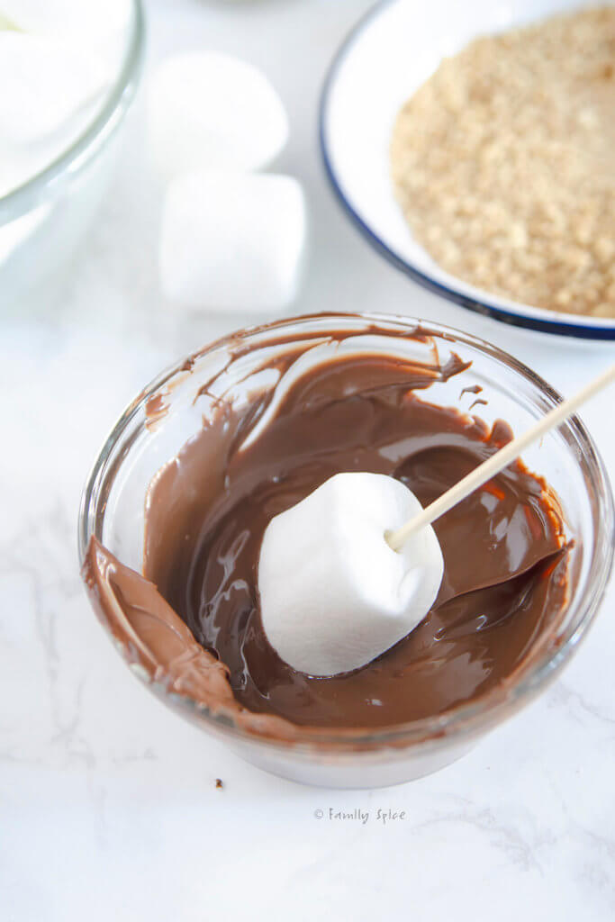 Dipping a marshmallow on a stick into a small bowl with melted chocolate