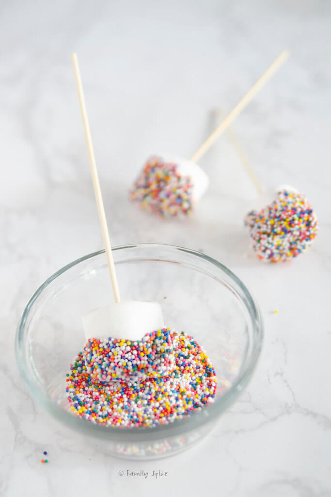 A marshmallow on a stick, dipped in chocolate and covered in colorful sprinkles