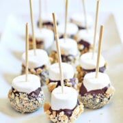 Marshmallows on a stick dipped in chocolate and coated with graham cracker crumbs