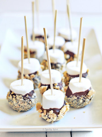 Marshmallows on a stick dipped in chocolate and coated with graham cracker crumbs