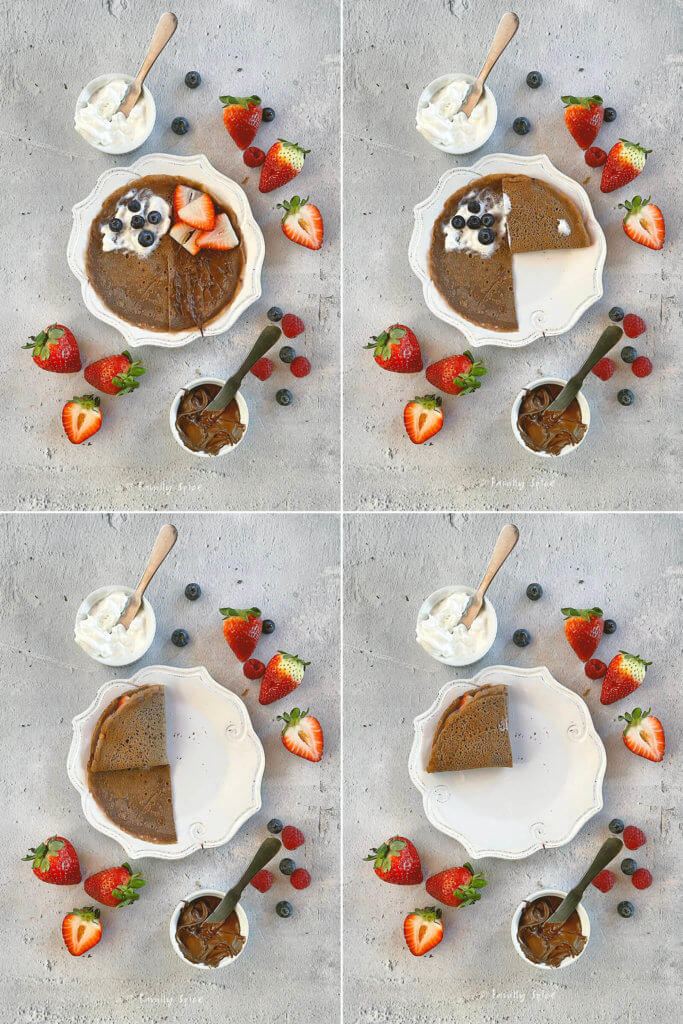 Collage of 4 photos showing how to stuff and fold a chocolate crepe