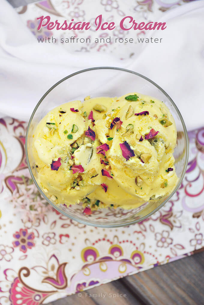 Top View of No Churn Persian Ice Cream with Saffron and Rose Water (bastani) in a glass bowl by FamilySpice.com