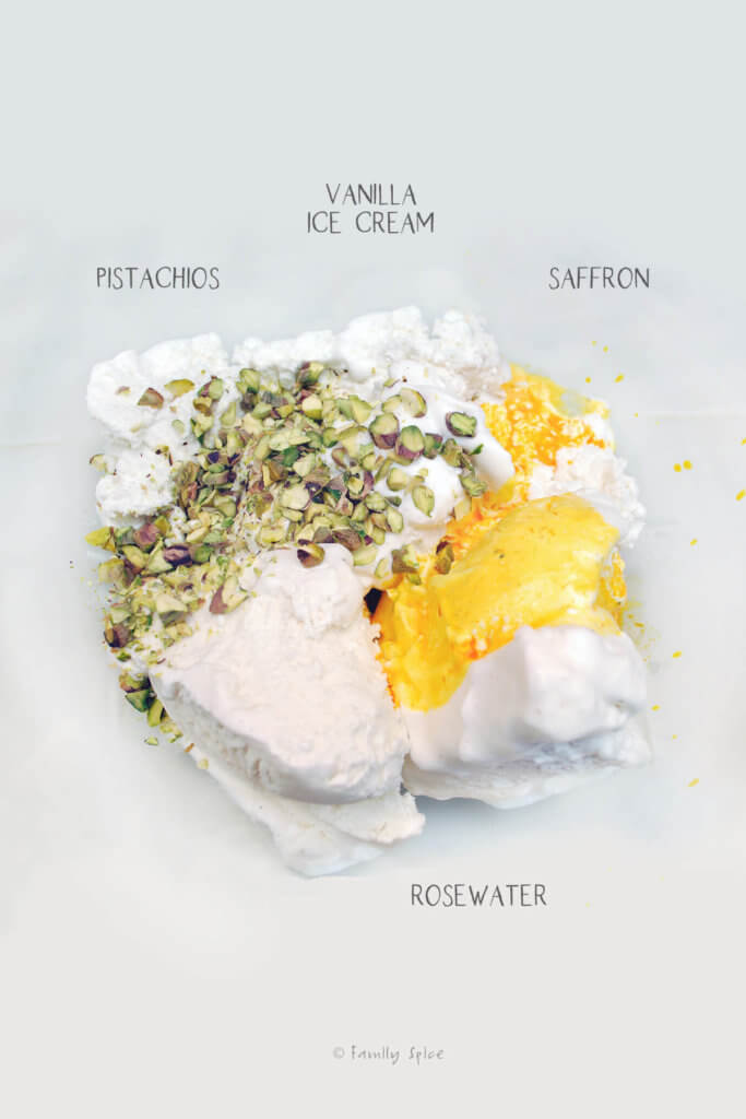 Ingredients labeled and needed to make Persian ice cream