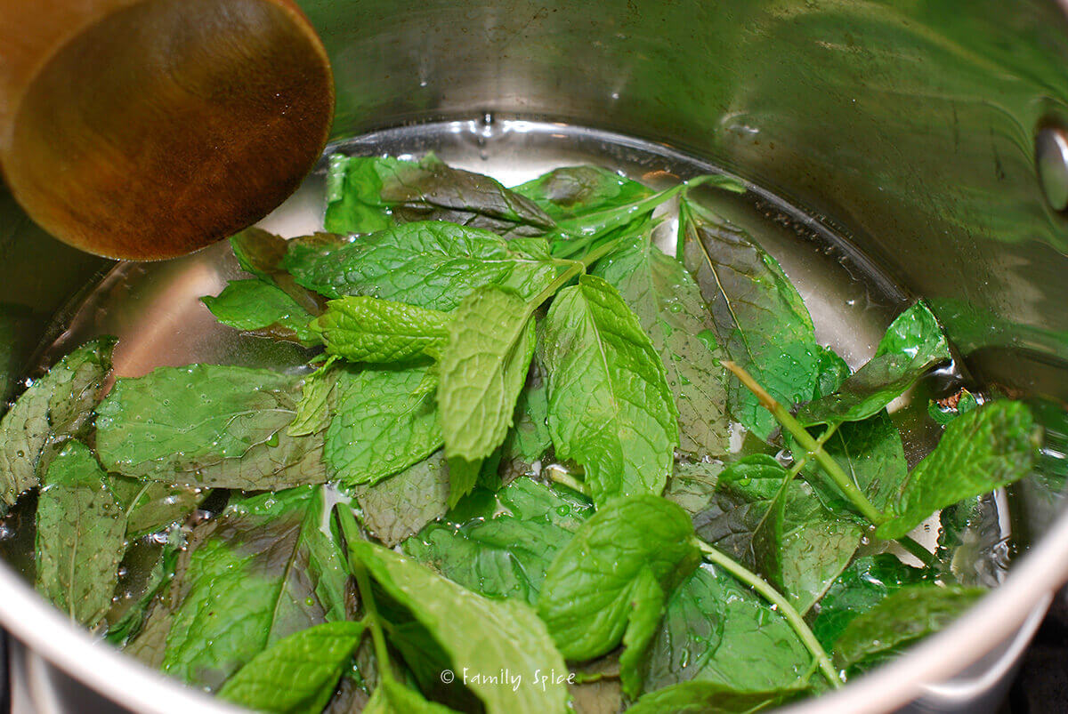 Closeup of a small stainless pot making a simple syrup with fresh mint
