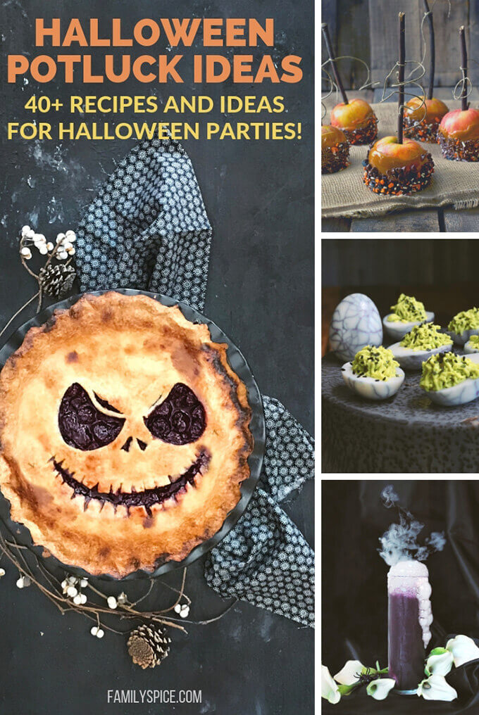 A collage of halloween potluck recipes by FamilySpice.com
