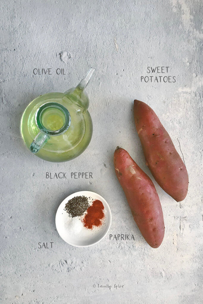 Ingredients labeled and needed to make baked sweet potato chips