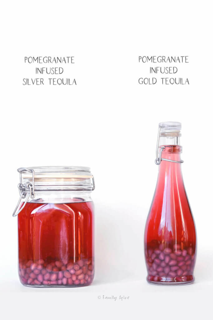 Two jars with two different tequilas infused with pomegranate
