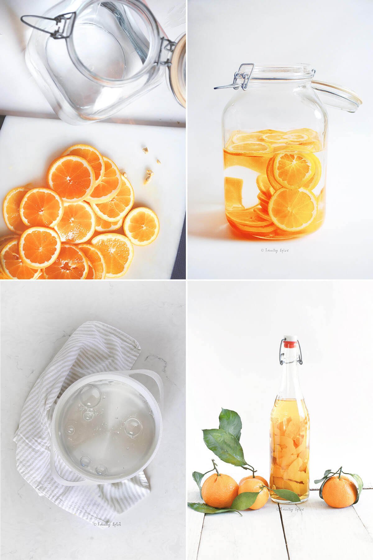Collage of four photos showing how to make orange vodka (orangecello).