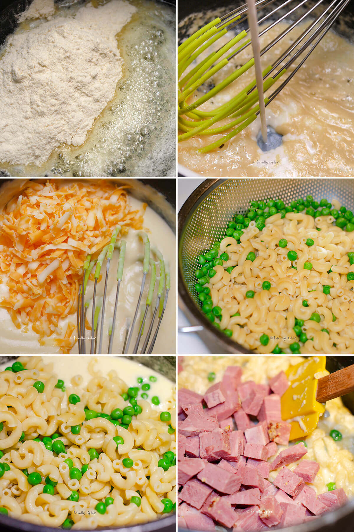 Collage of six pictures showing how to make corned beef mac and cheese.