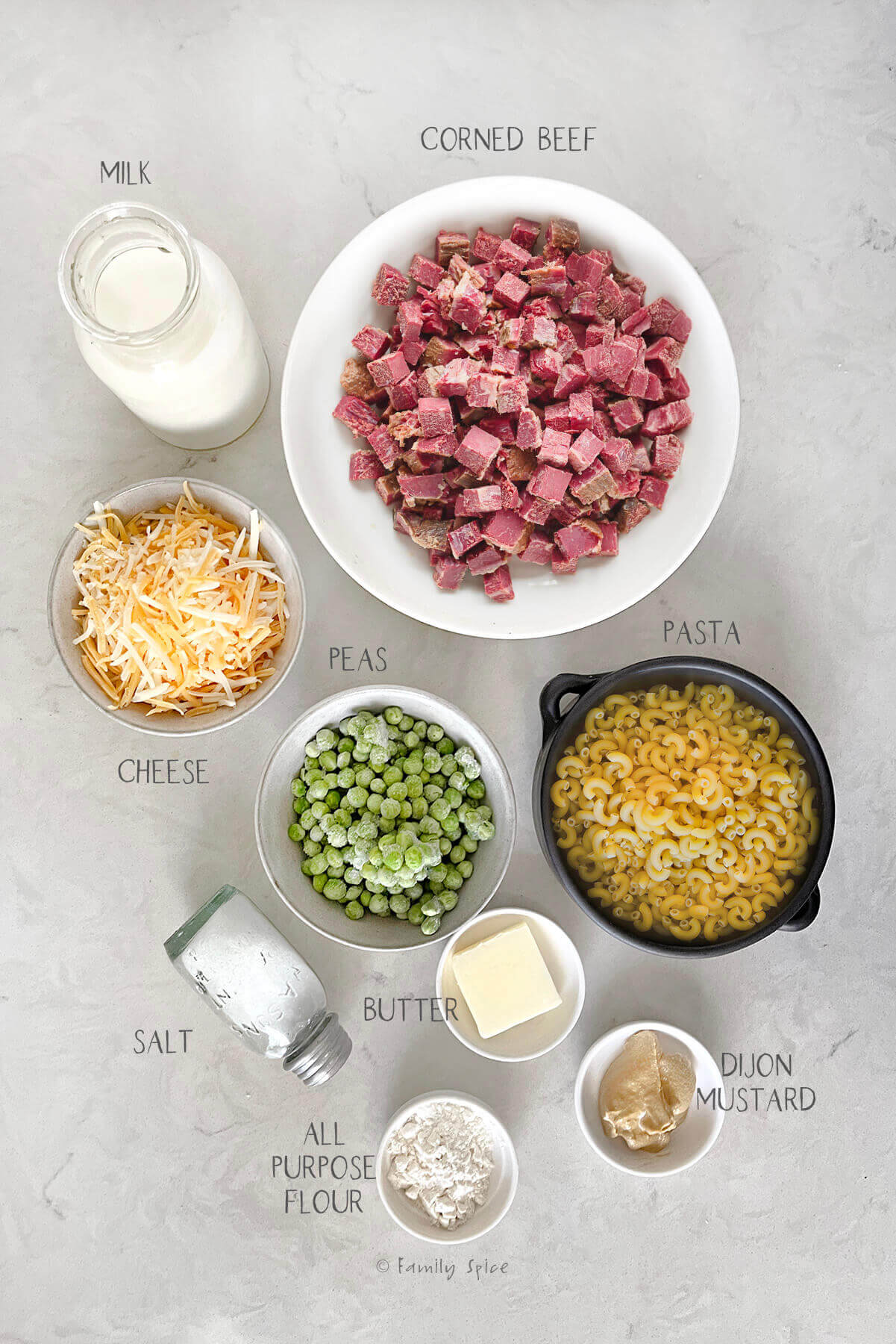Ingredients labeled and needed to make corned beef mac and cheese.