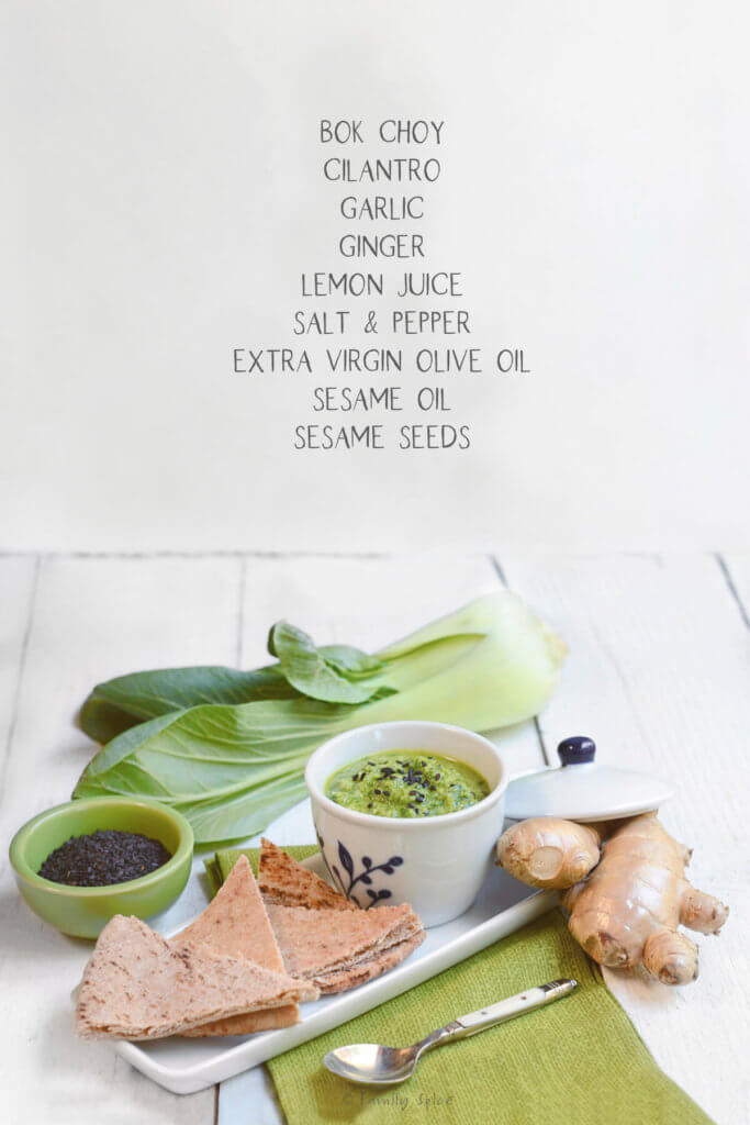 Ingredients labeled and needed to make bok choy pesto