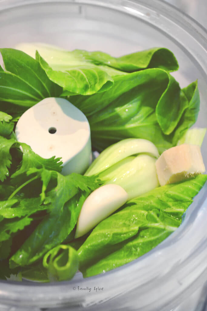Ingredients to make bok choy pesto in the bowl of a food processor
