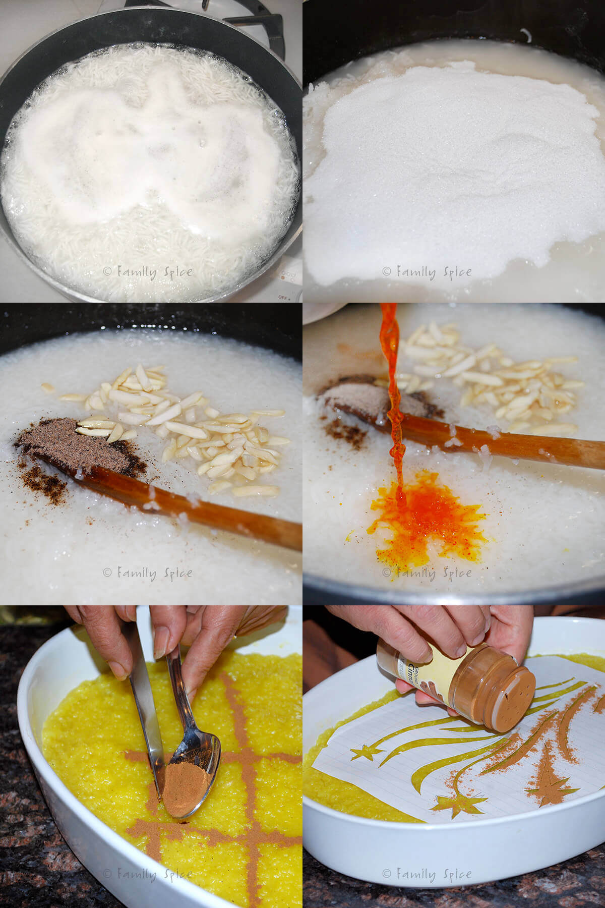 collage of pictures showing how you make shole zard (persian saffron rice pudding)