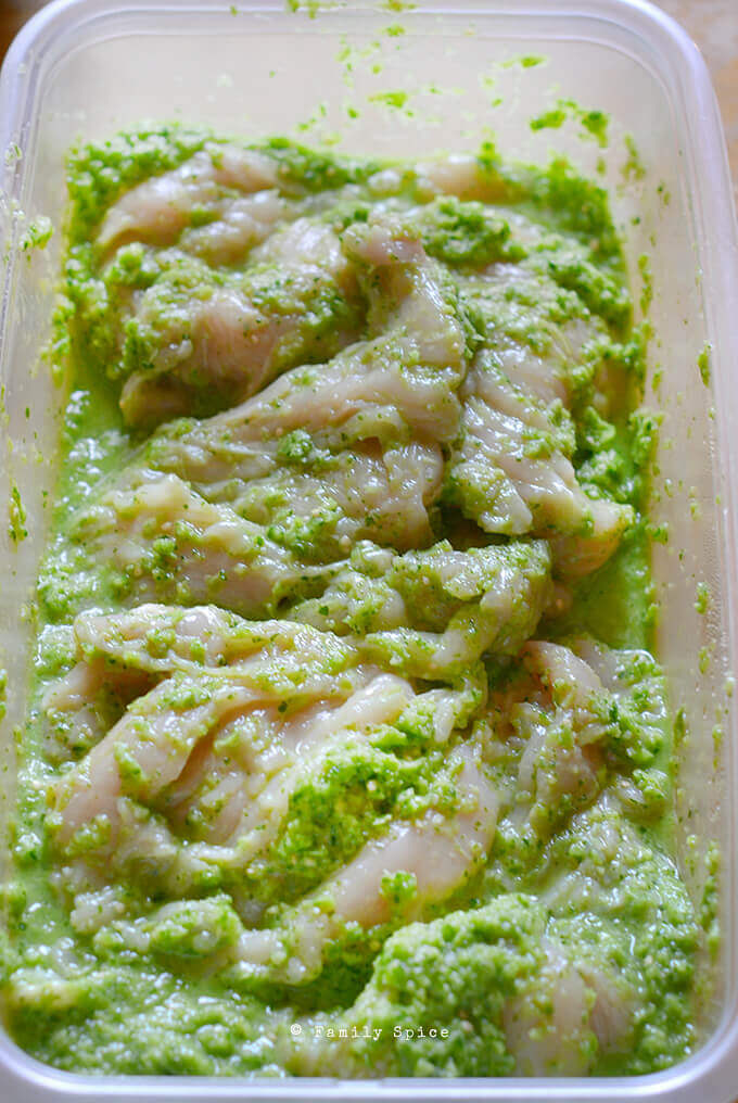 Chicken breasts marinating in Hatch chile verde sauce by FamilySpice.com