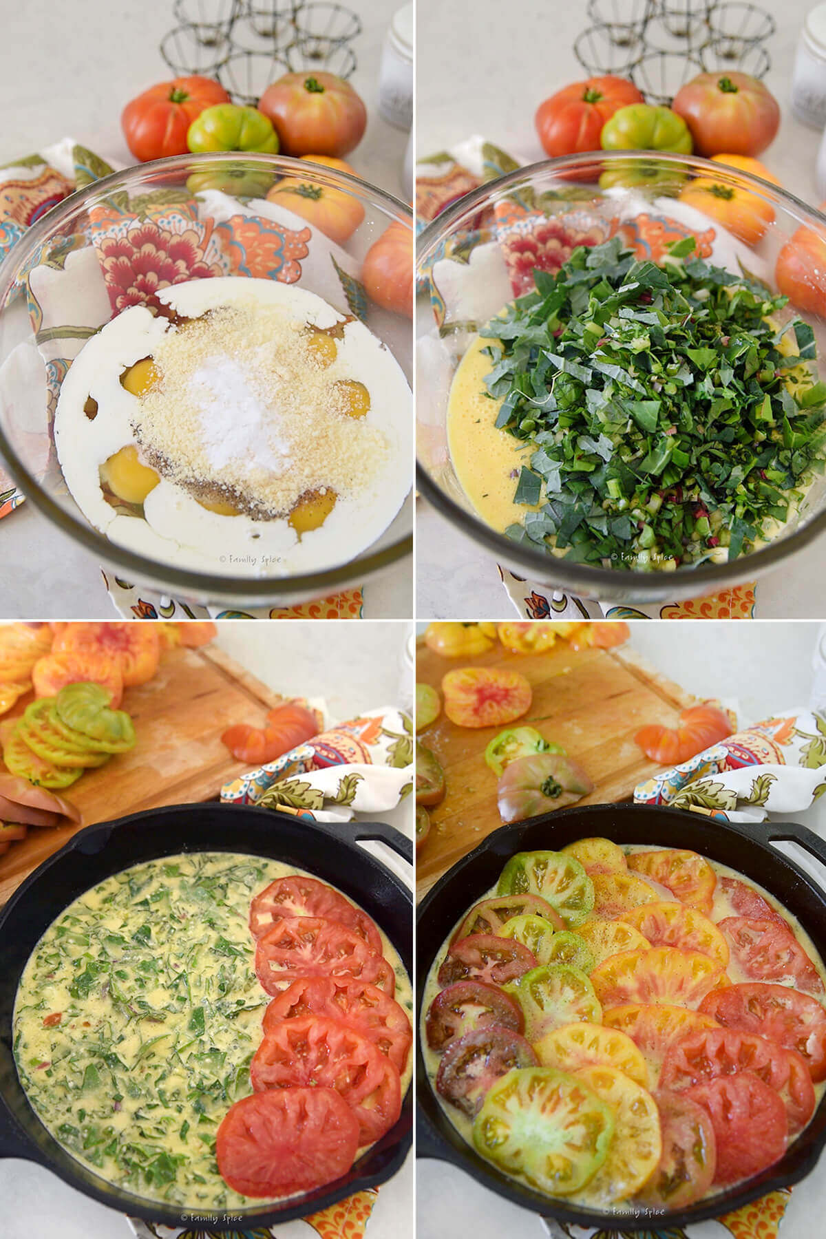 Collage of four pictures showing how to make a tomato frittata.