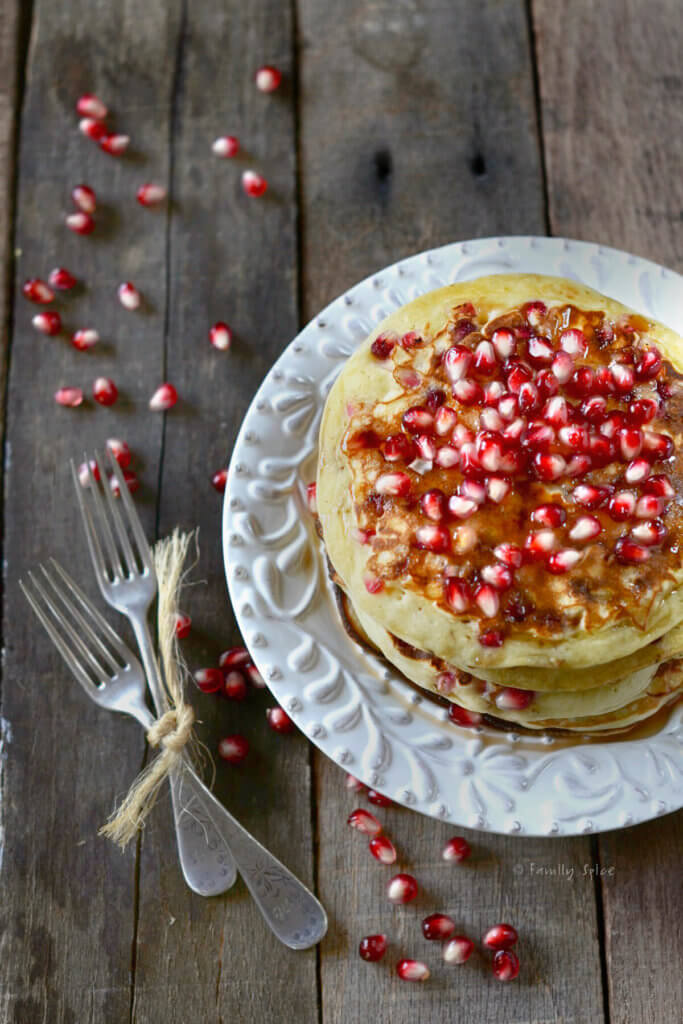 Top view of a stack of pomegranate yogurt pancakes