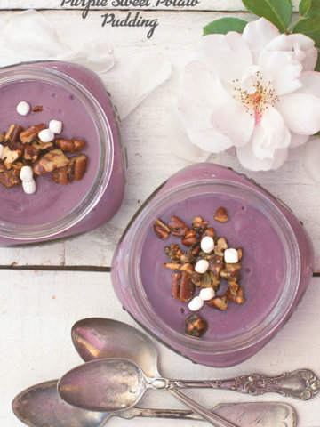 Overhead view of Purple Sweet Potato Pudding topped with pecans ands mini marshmallowsby FamilySpice.com
