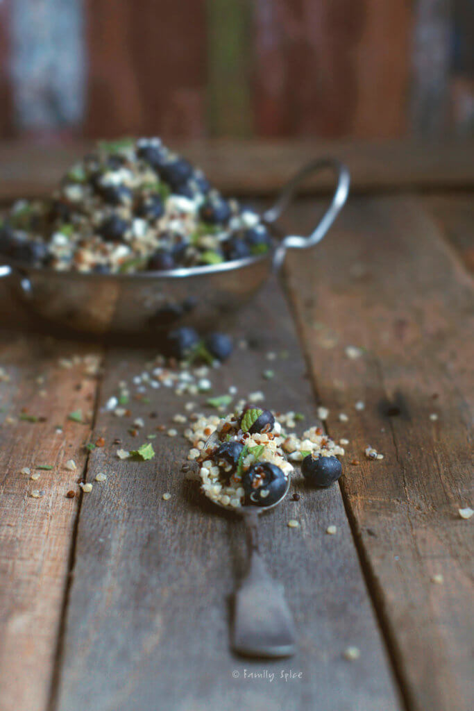 A small spoon with a blueberry quinoa salad with a bowl of the quinoa salad behind it