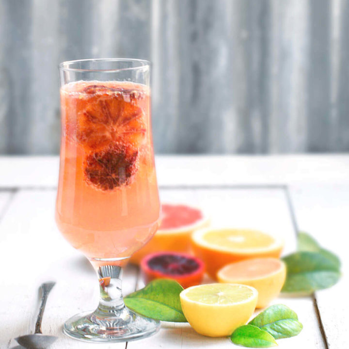A tall glass of citrus sangria with citrus slices