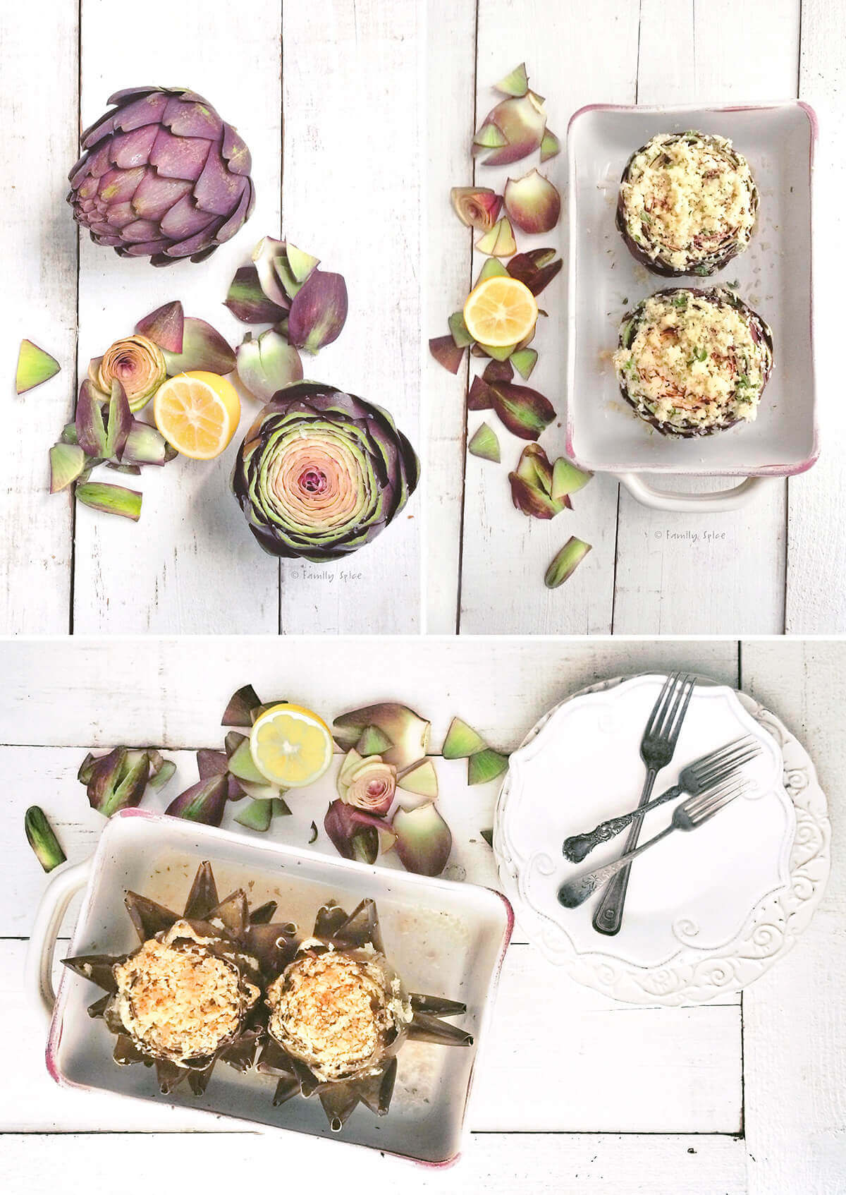 Collage of 3 pictures showing how to make Italian stuffed artichokes.