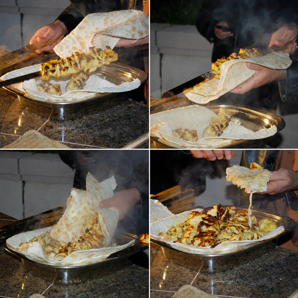 Collage of 4 pictures showing how to remove chicken kebab from skewers using lavash bread