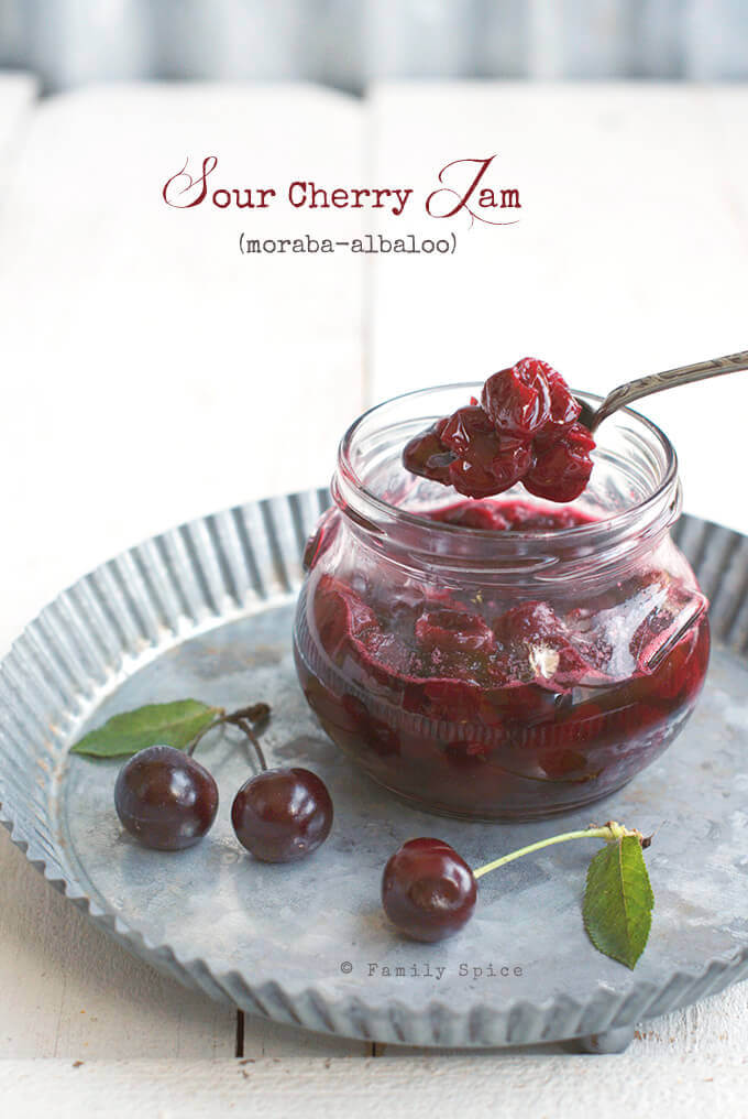 Closeup of a jar of Sour Cherry Jam (Moraba Albaloo) by FamilySpice.com