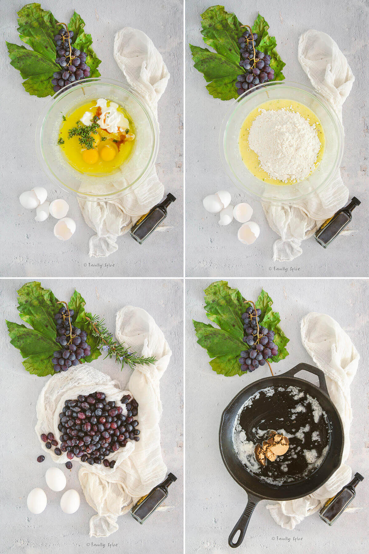 Collage of four pictures showing how to make batter and prep grapes to make grape upside down cake.