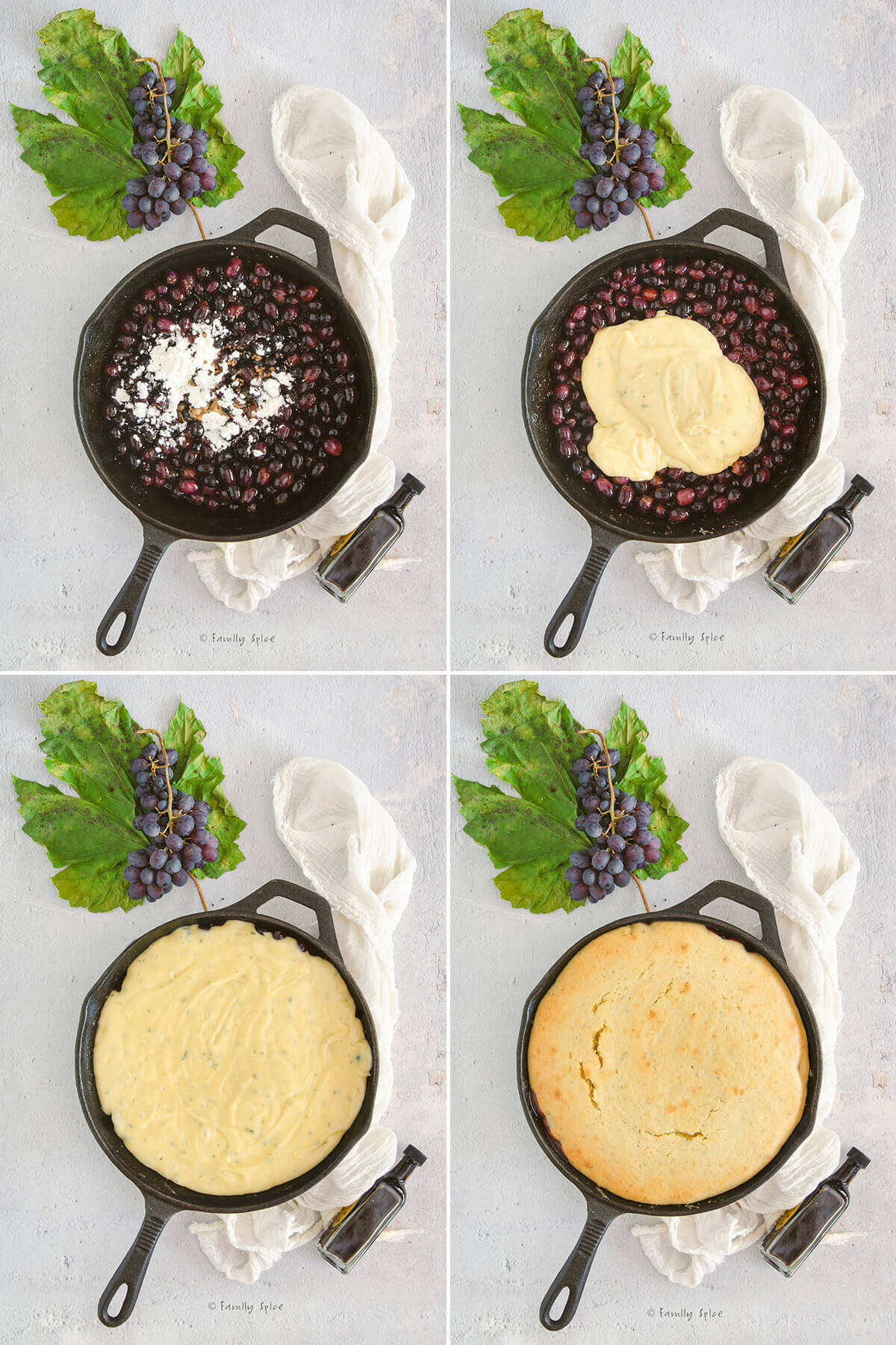 Collage of four pictures showing how to assemble and bake a grape upside down cake.