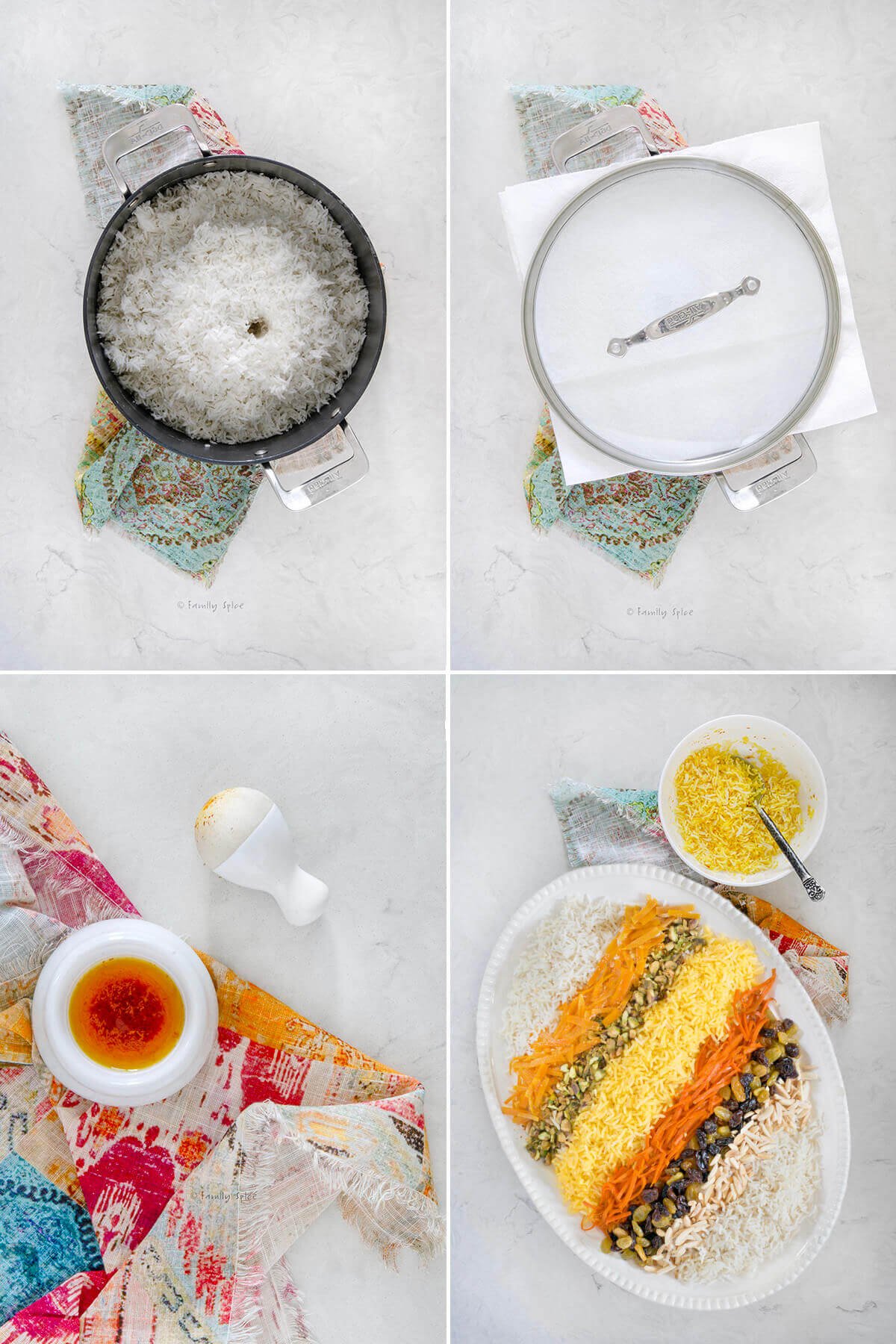 Collage of four pictures showing how to make shirin polo.