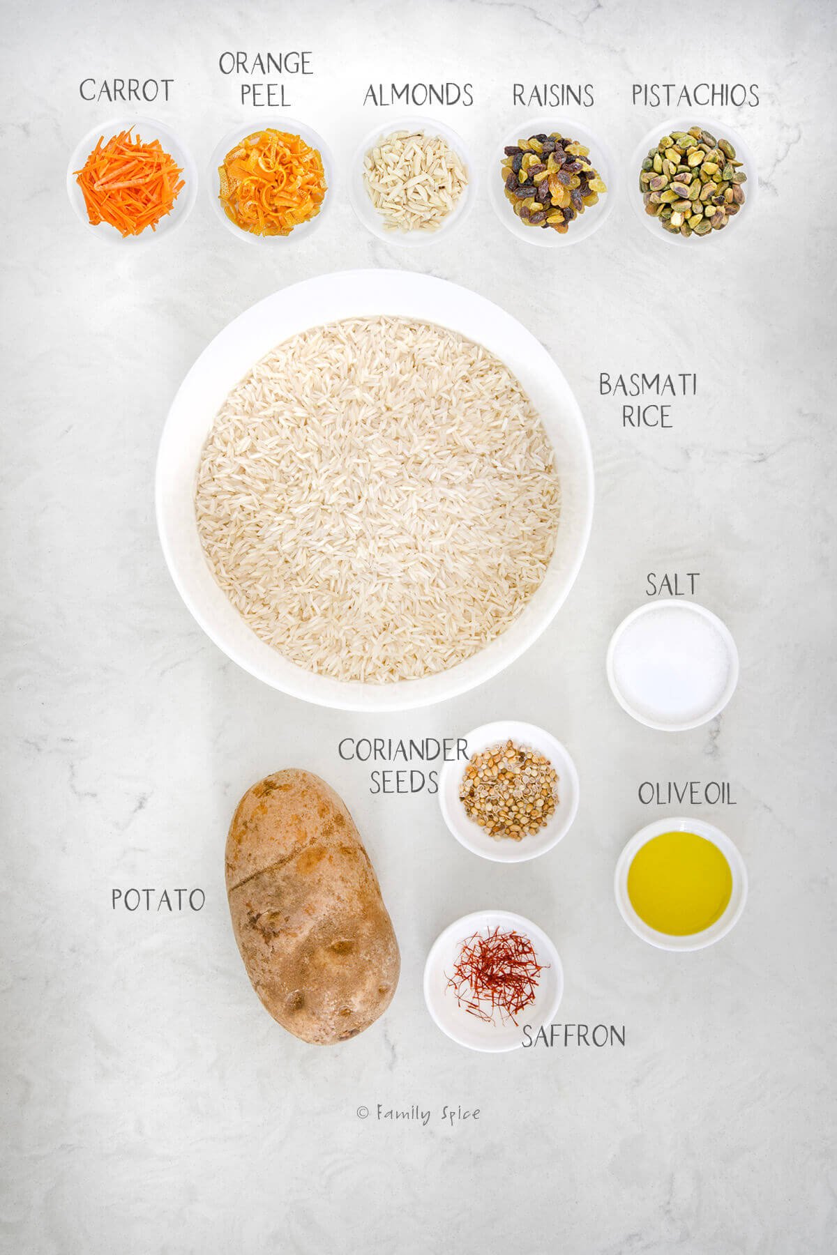 Ingredients labeled and needed to make shirin polo, sweet Persian rice.