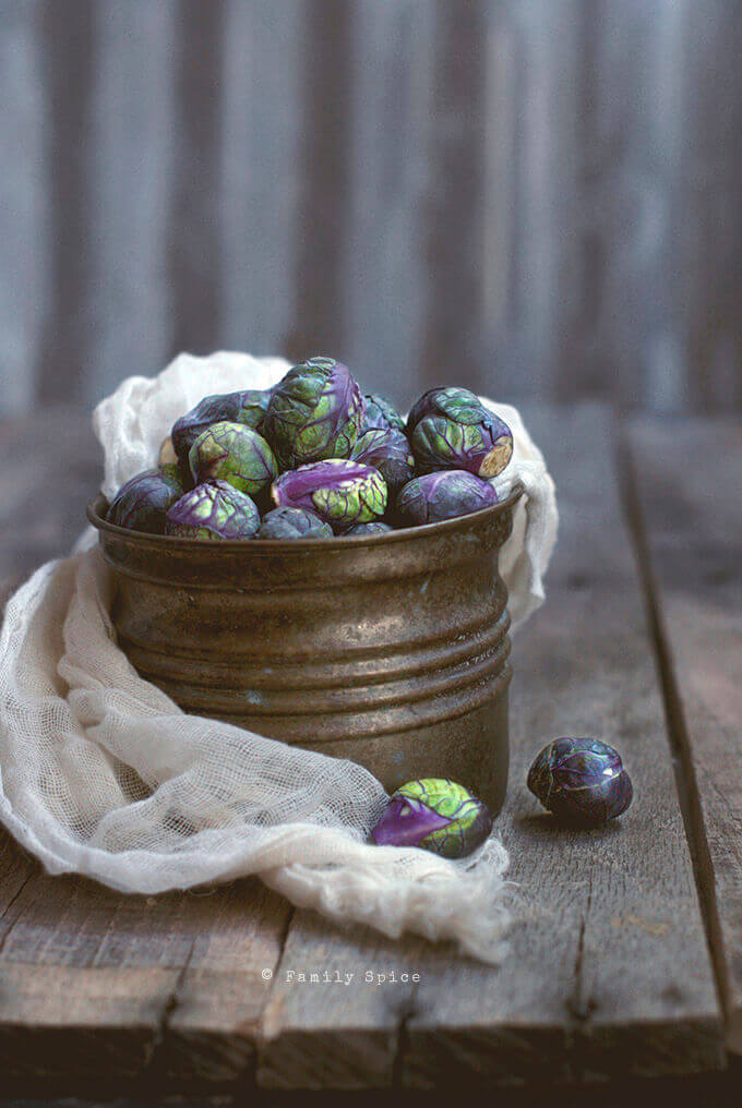 Baby purple Brussels sprouts in a rustic can by FamilySpice.com