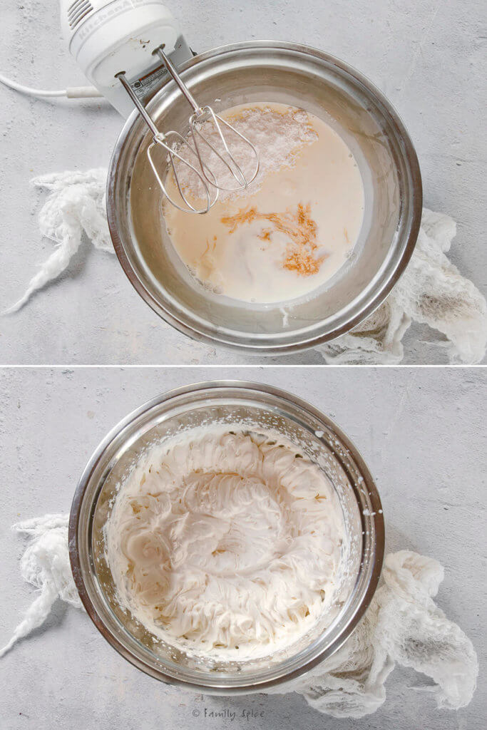 Two pictures: one showing a metal bowl with heavy cream, vanilla and powdered sugar and the second showing homemade whipped cream