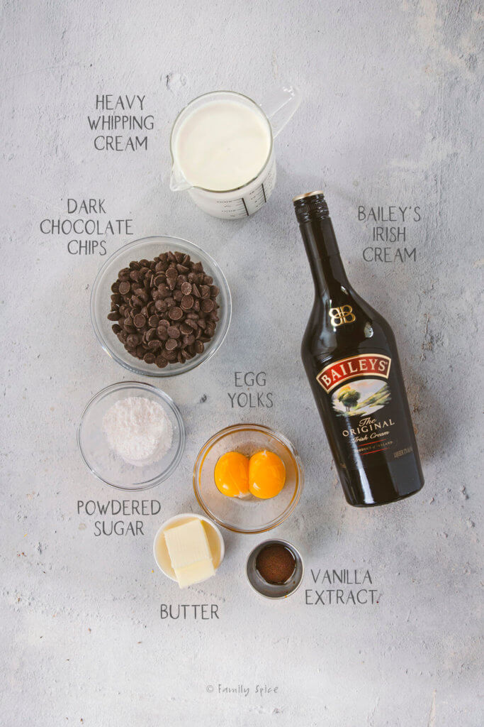 Ingredients labeled and needed to make Bailey's Dark Chocolate Mousse
