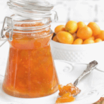 Pinterest image of a bottle of kumquat marmalade by familyspice.com