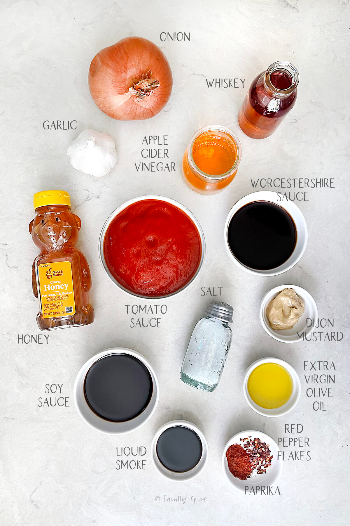 Ingredients labeled and needed to make Honey Barbecue Sauce